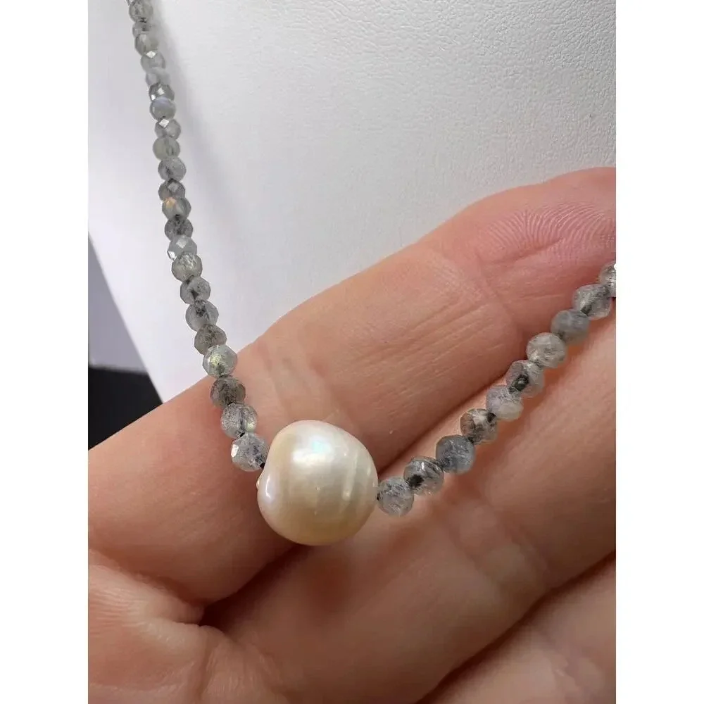 Labradorite and cultured pearl necklace with sterling silver lobster claw clasp